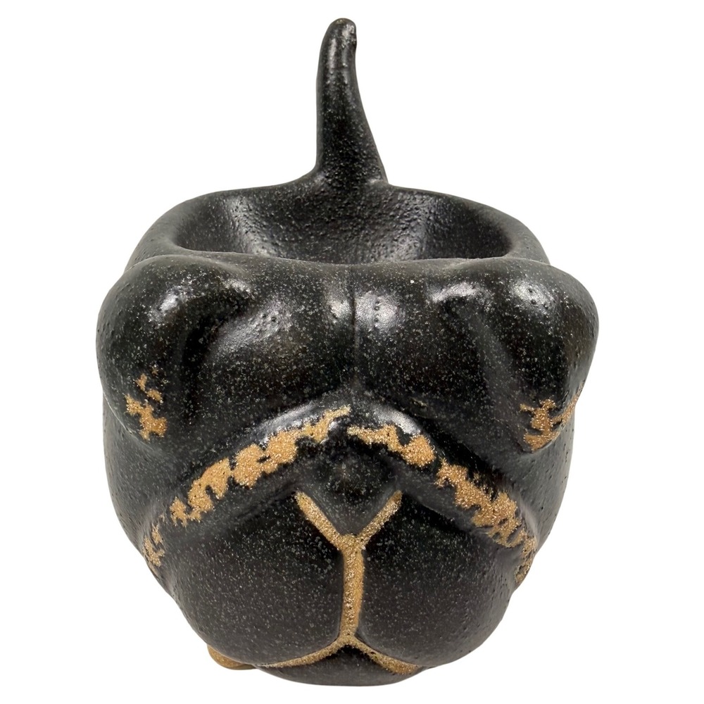 Black Ceramic Bulldog Dog Succulent Planter Pot Trinket Textured Footed 4.25"
